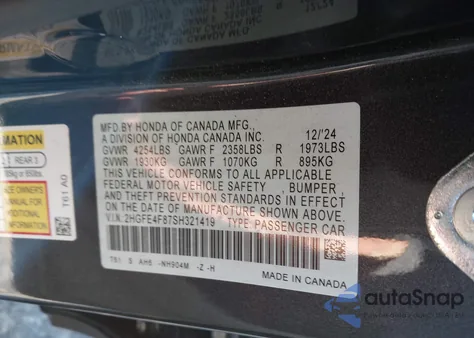 2025 Honda Civic Hybrid Sport/Sport Touring z USA, uszkodzony, nr VIN 2HGFE4F87SH321419